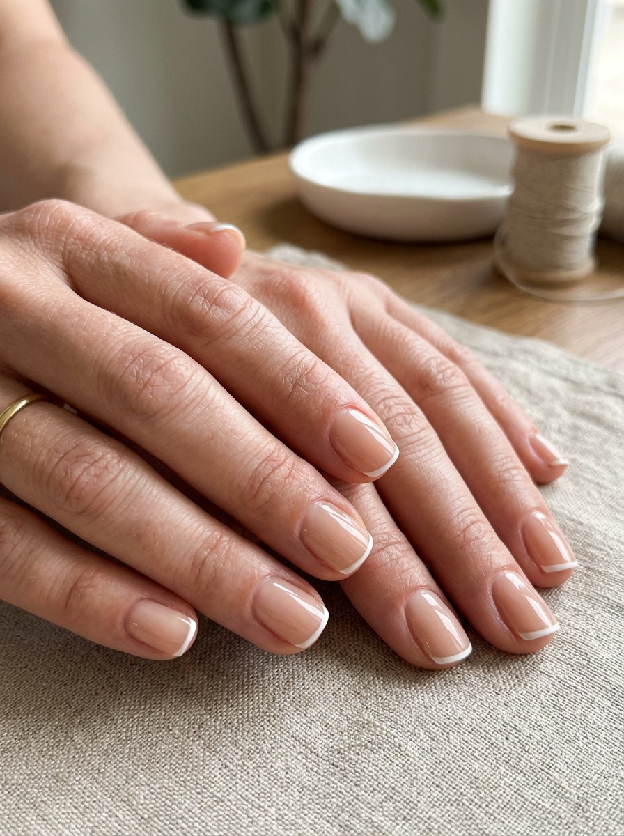 Squoval Nude Micro Edge - modern classy french tip nails design