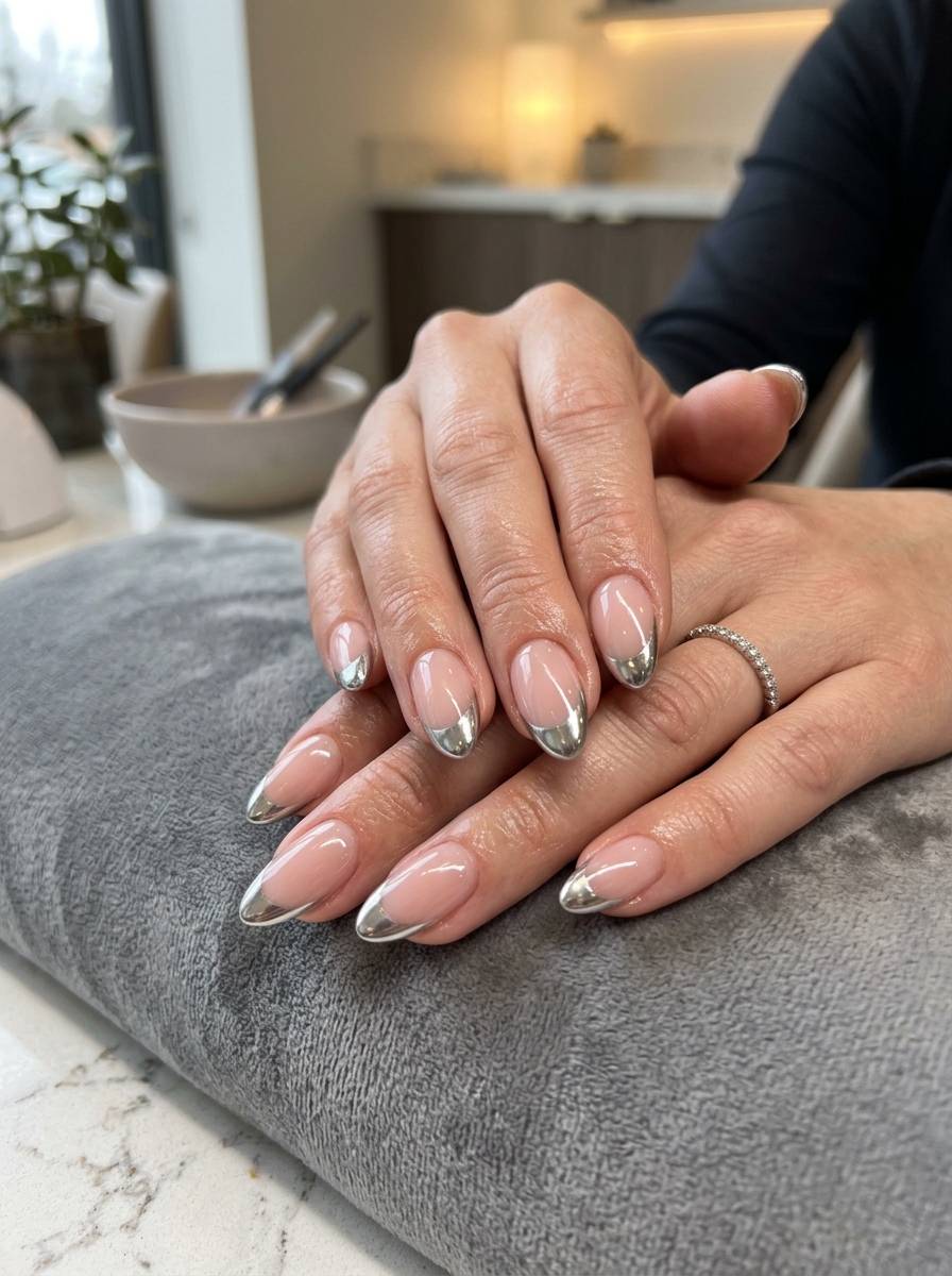 Mirror Silver Liquid Chrome Tips - modern classy french tip nails design