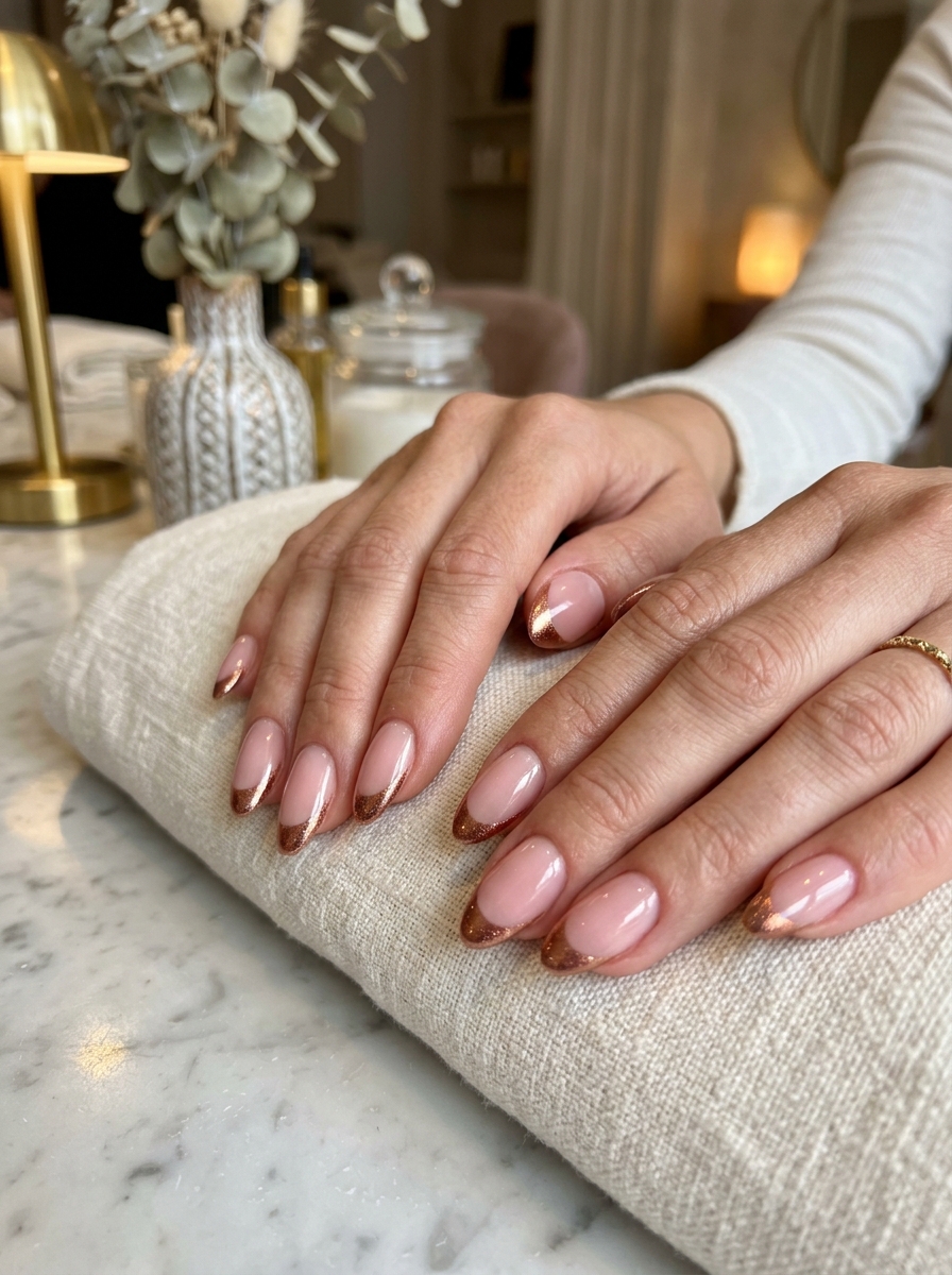 Rose Gold Metallic French - modern classy french tip nails design