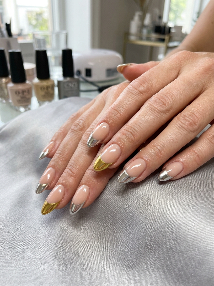 Two-Tone Gold & Silver French - modern classy french tip nails design