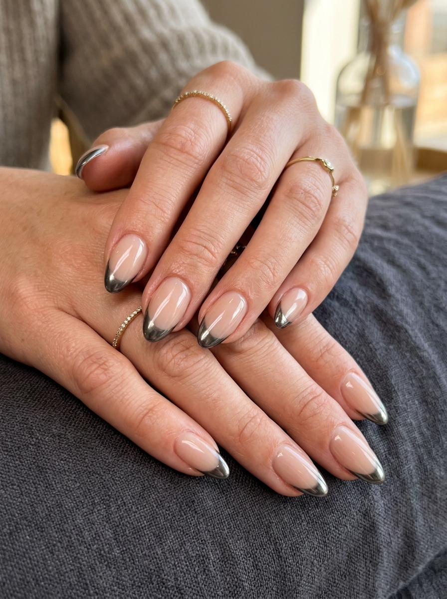 Gunmetal Pewter Chrome French - modern classy french tip nails design