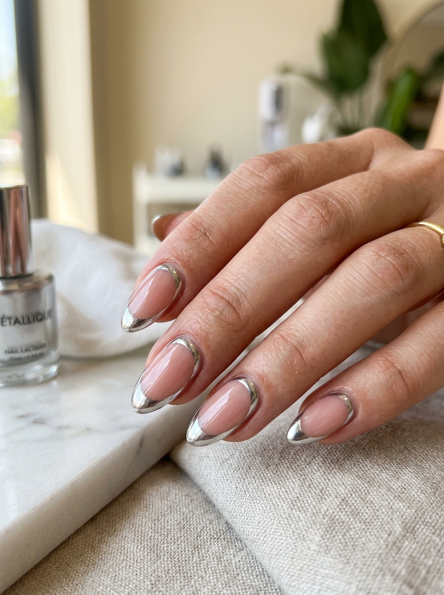 Silver Mirror Cuticle Arc - modern classy french tip nails design