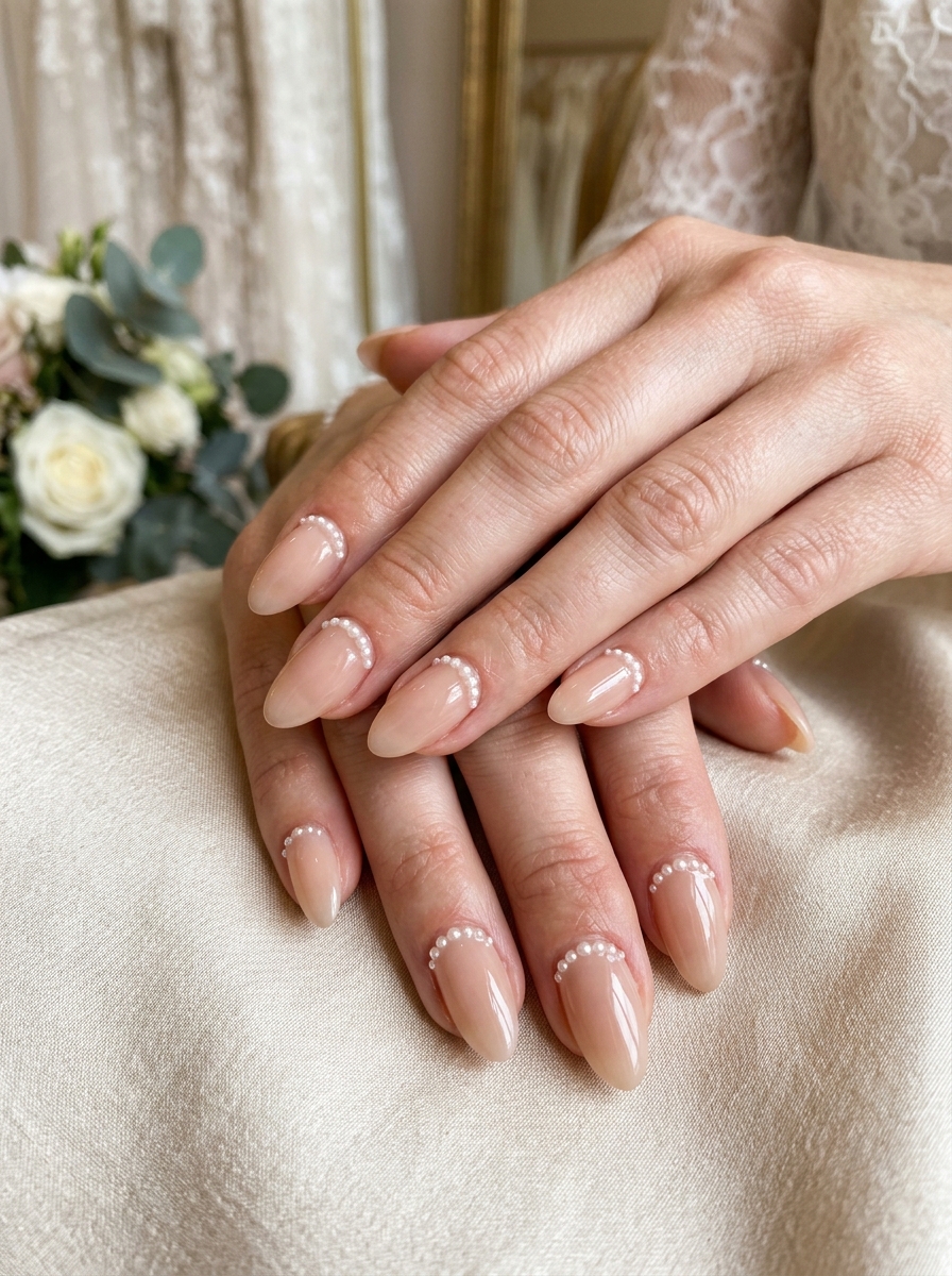 Pearl Bead Cuticle French - modern classy french tip nails design