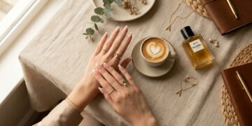 Classy modern French tip nails manicure with linen runner, gold jewelry rings, and latte cup flat lay