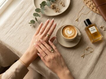 Classy modern French tip nails manicure with linen runner, gold jewelry rings, and latte cup flat lay