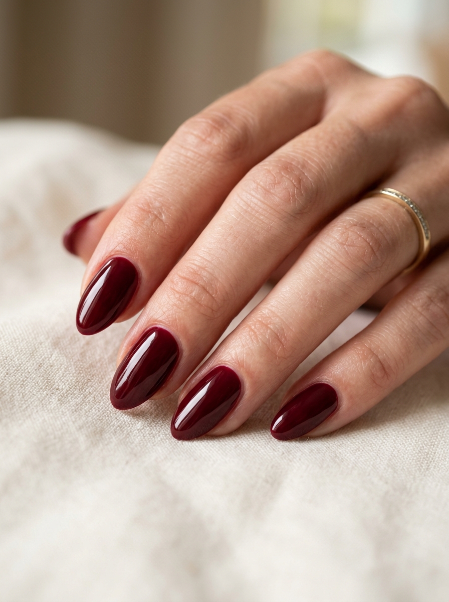 Bordeaux Merlot High-Shine Almond - classy red cherry mocha nails design