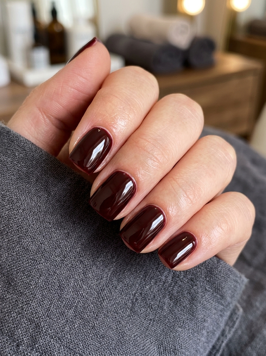 Dark Oxblood Lacquer Square - classy red cherry mocha nails design