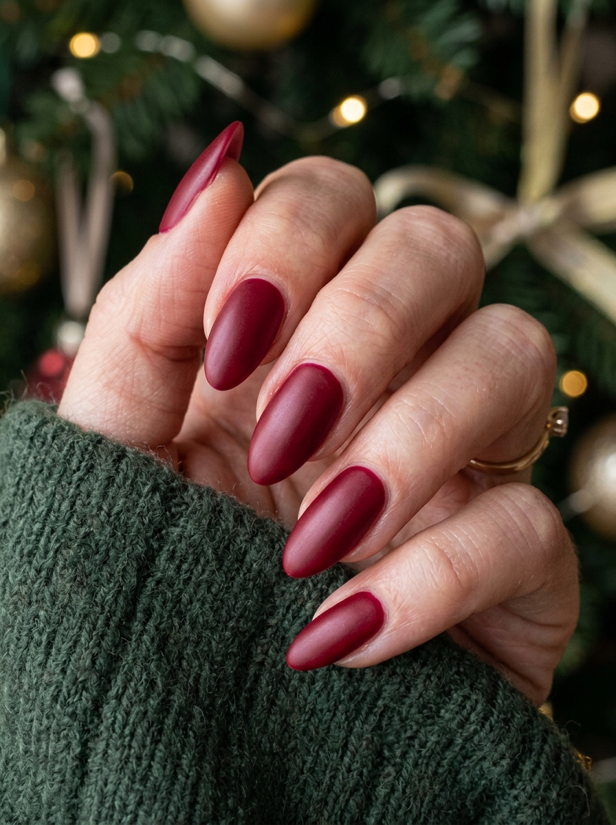 Rich Ruby Cream Oval - classy red cherry mocha nails design