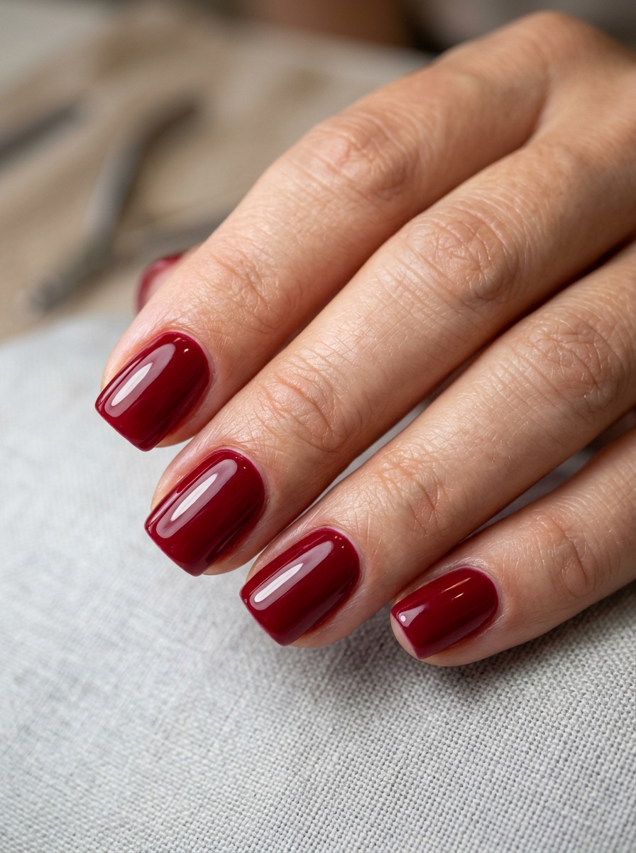 Vintage Hollywood Crimson Square - classy red cherry mocha nails design