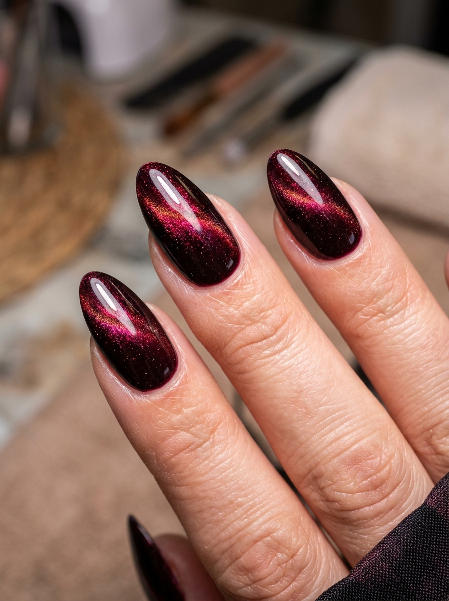 Cherry Mocha Velvet Cat-Eye - classy red cherry mocha nails design
