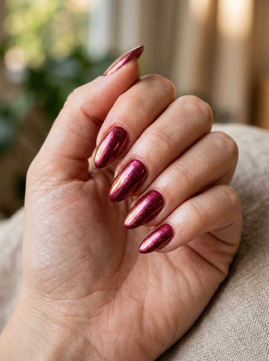 Ruby Chrome Glazed Halo - classy red cherry mocha nails design