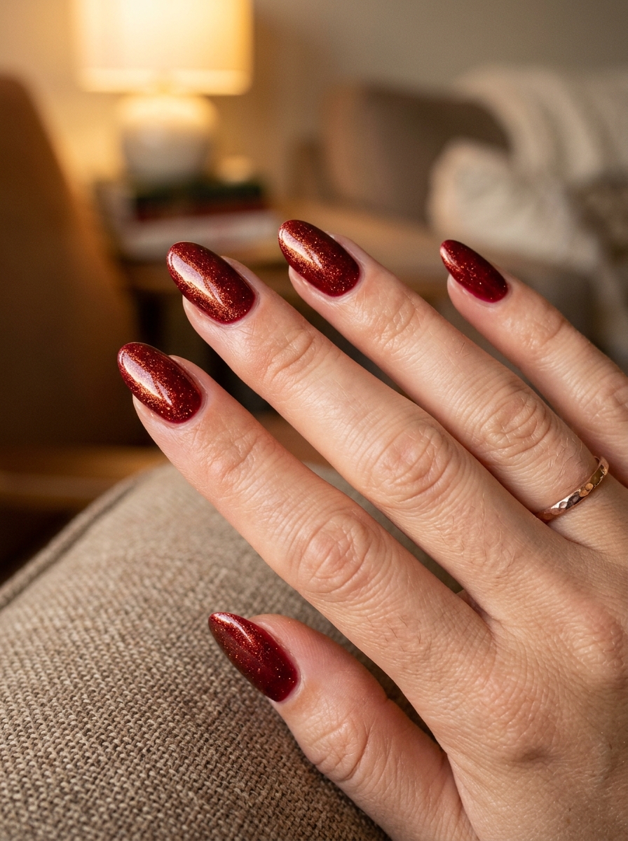 Molten Copper Cherry Shimmer - classy red cherry mocha nails design
