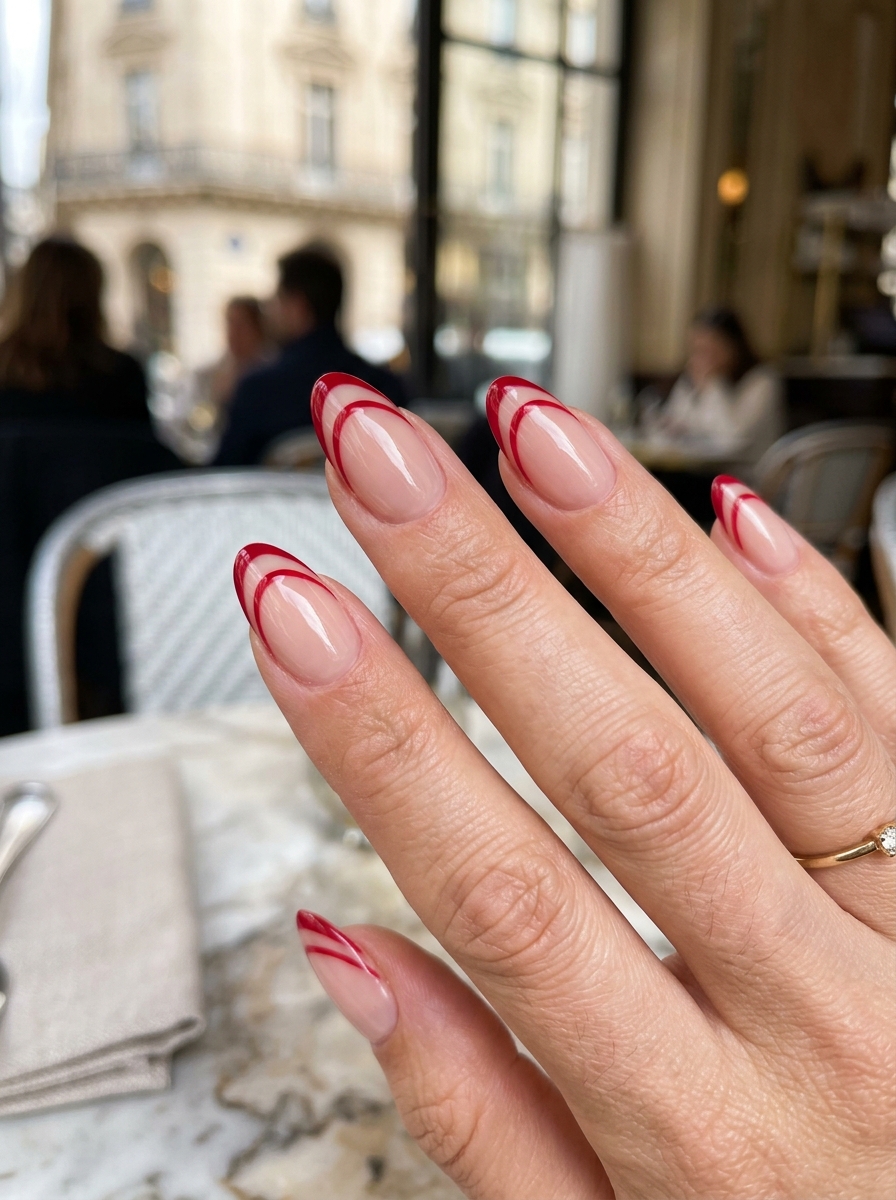 Double Hairline Red French - classy red cherry mocha nails design