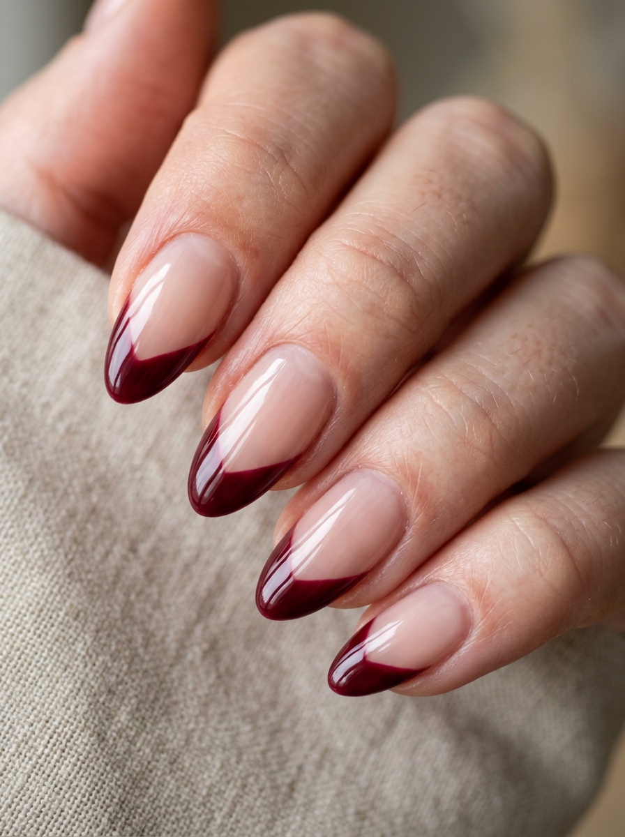 Diagonal Bordeaux French Slice - classy red cherry mocha nails design