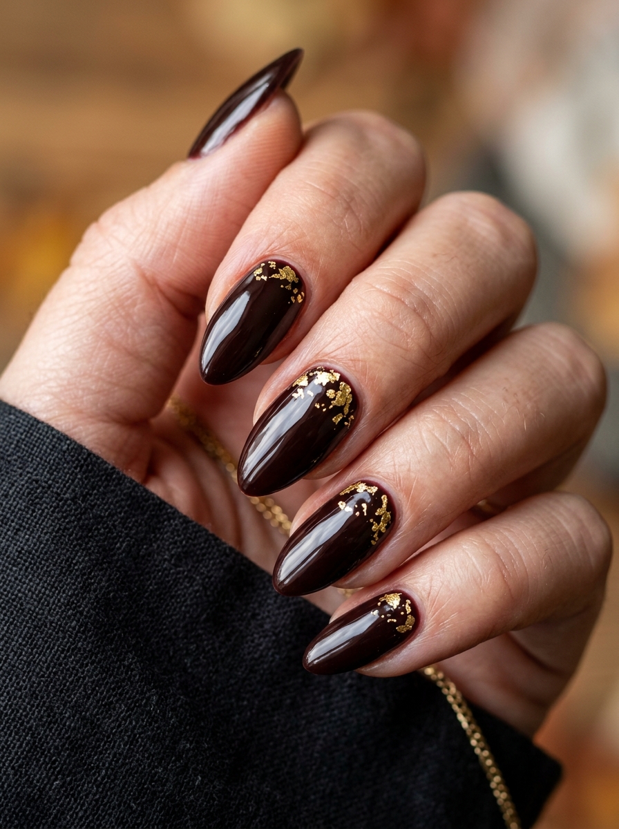 Cherry Mocha Gold Leaf Flakes - classy red cherry mocha nails design