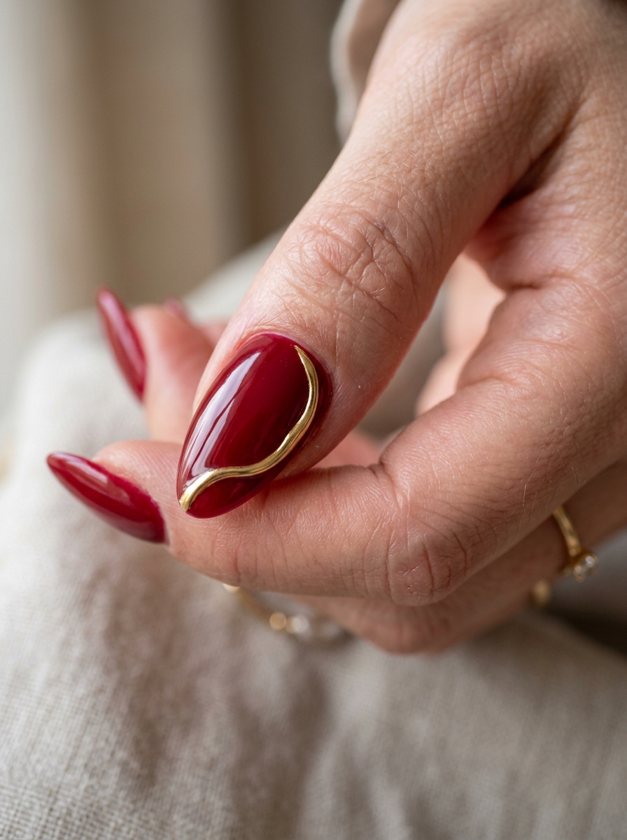 Micro Gold Wire Crimson Contour - classy red cherry mocha nails design