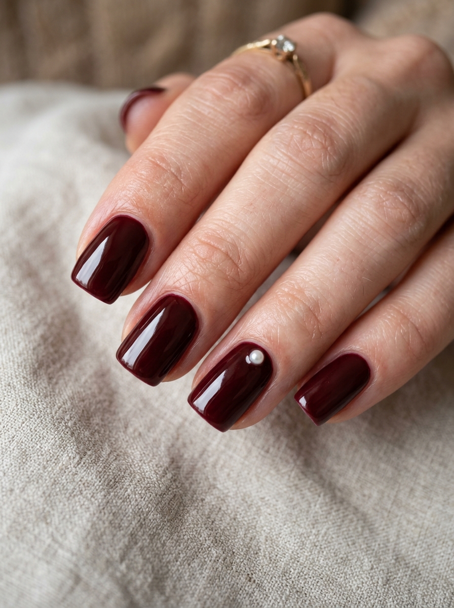 Single Pearl Accent Oxblood - classy red cherry mocha nails design