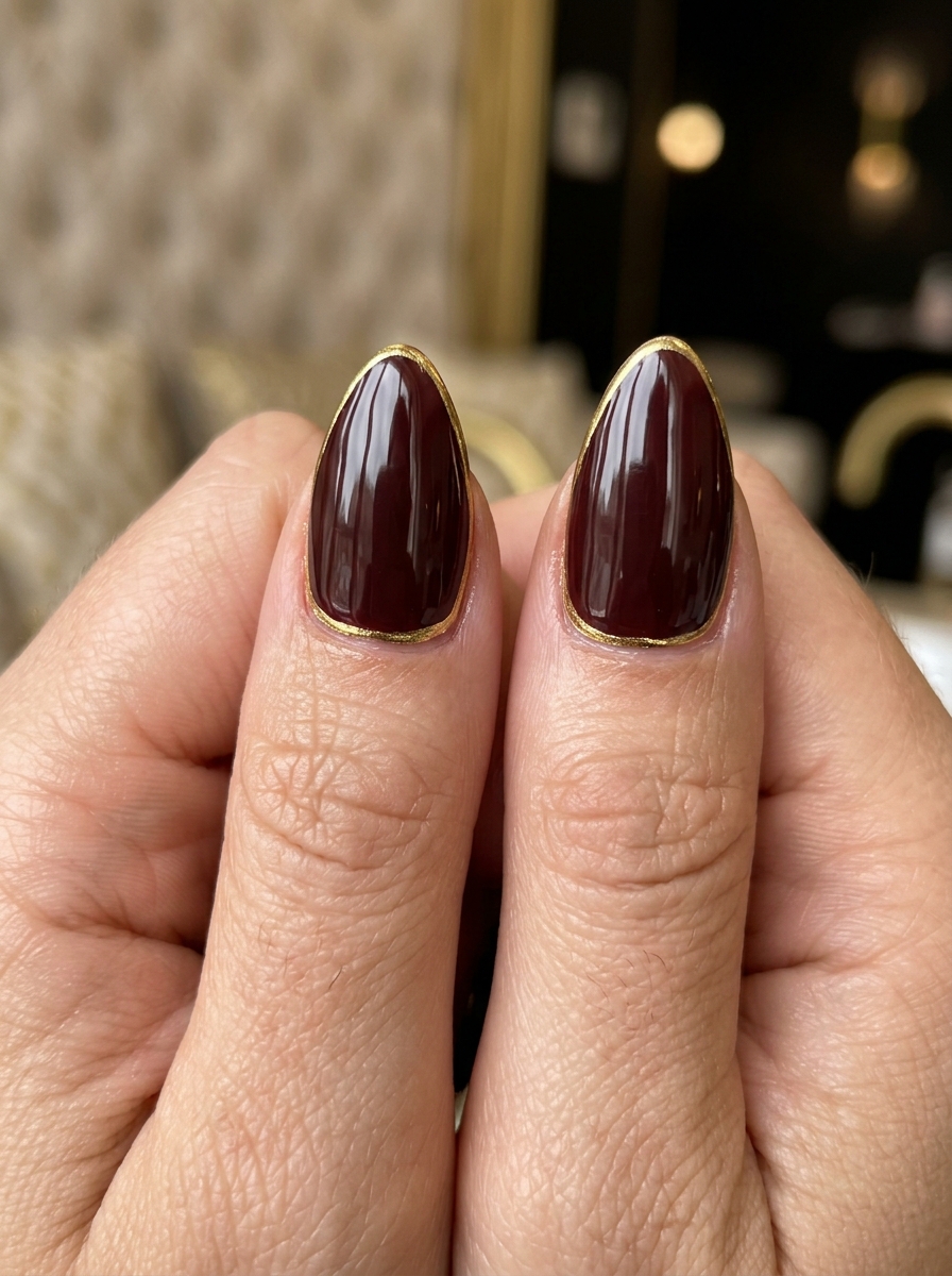 Gilded Gold Chrome Rim Cherry - classy red cherry mocha nails design