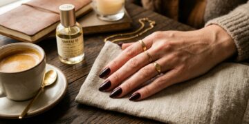 Classy cherry mocha manicure nails flat lay with espresso cup, dark wooden table, linen napkin, and gold jewelry