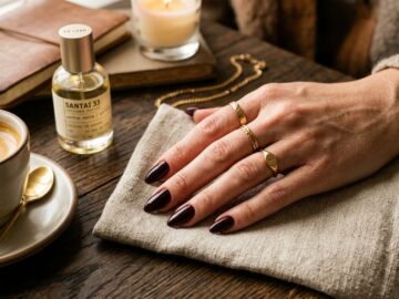 Classy cherry mocha manicure nails flat lay with espresso cup, dark wooden table, linen napkin, and gold jewelry