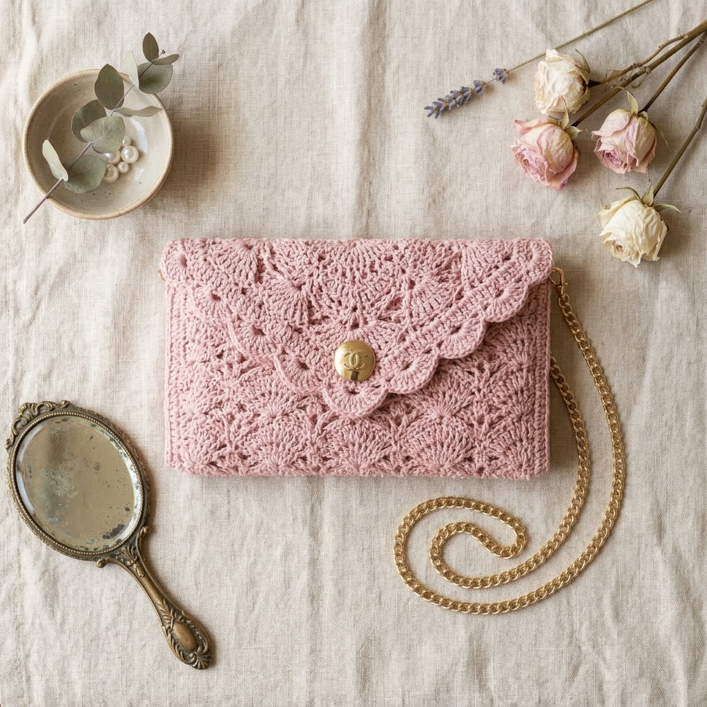 Flat lay of crochet clutch with dried flowers and vintage mirror