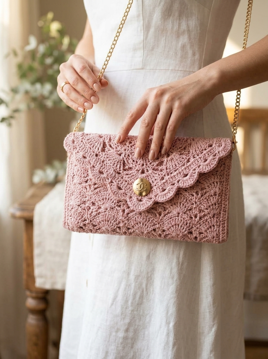 Woman holding powder pink crochet clutch bag - crochet envelope clutch