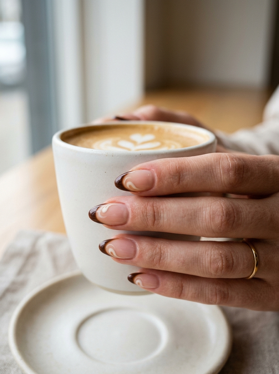 Double-Shot Espresso French with Foamy Cream Swirls - cozy brown nails mocha latte design