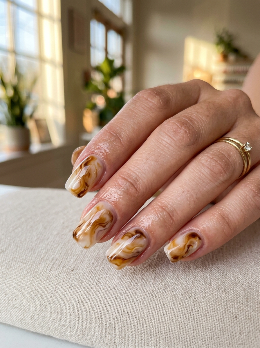 Iced Caramel Macchiato Marble with Amber Ribbons - cozy brown nails mocha latte design