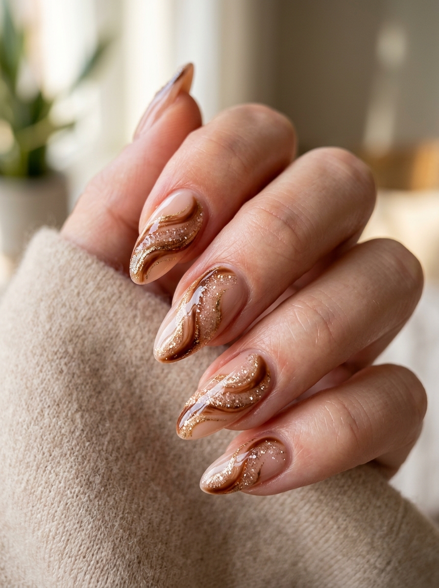 Cinnamon Brown Sugar Swirl Almond Nails - cozy brown nails mocha latte design