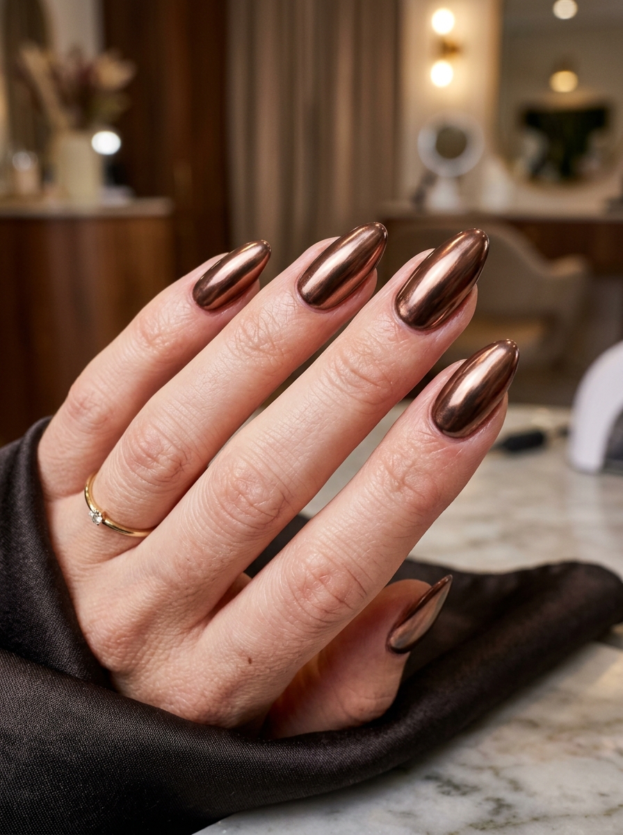 Glazed Brownie Mocha Chrome with Glassy Sheen - cozy brown nails mocha latte design
