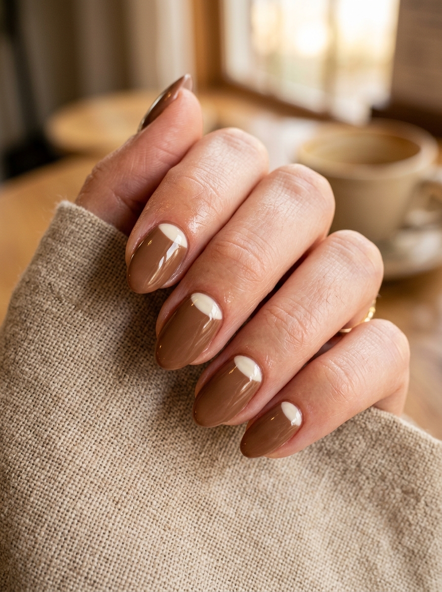Whipped Vanilla Sweet Cream Half-Moons on Coffee Base - cozy brown nails mocha latte design