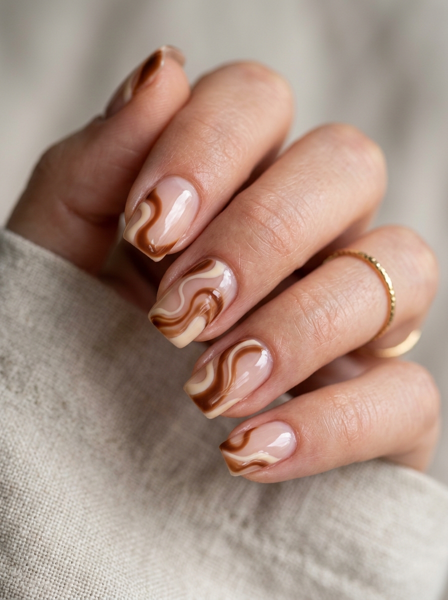 French Vanilla & Roasted Hazelnut Negative Space Swirls - cozy brown nails mocha latte design