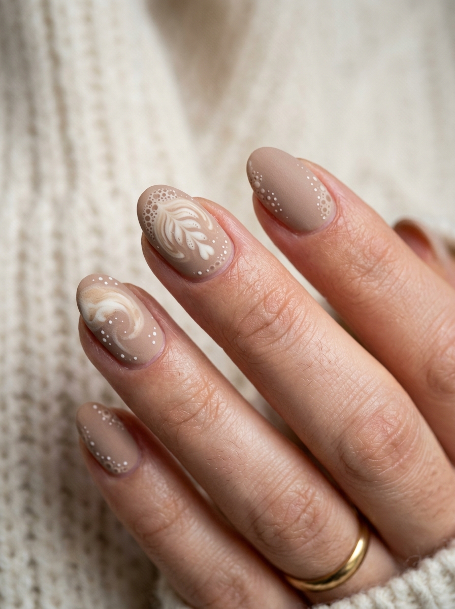 Creamy Cappuccino Froth Micro Dots on Soft Taupe - cozy brown nails mocha latte design