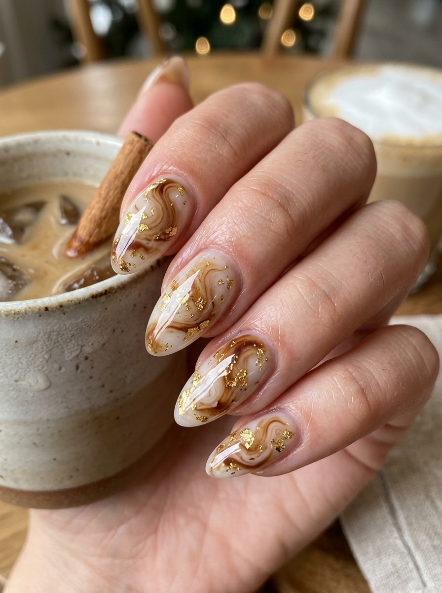 Iced Dirty Chai Latte Swirls with 24k Gold Leaf - cozy brown nails mocha latte design