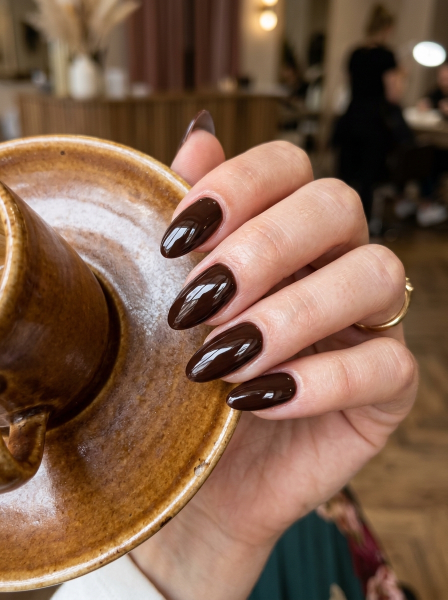 Ultra-Glossy Dark Chocolate Ganache Stiletto - cozy brown nails mocha latte design