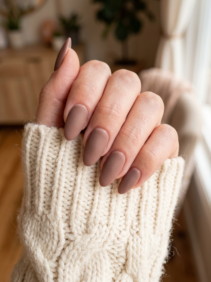 Tactile Matte Cashmere Cocoa Almond Nails - cozy brown nails mocha latte design