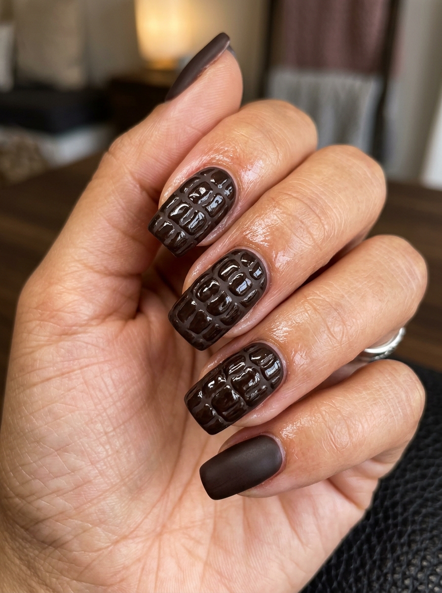 Chocolate Croc-Embossed 3D Texture on Deep Espresso - cozy brown nails mocha latte design