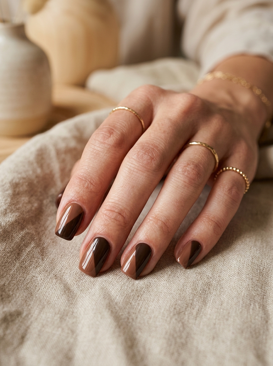 Two-Tone Milk Chocolate & Dark Truffle Colorblock - cozy brown nails mocha latte design