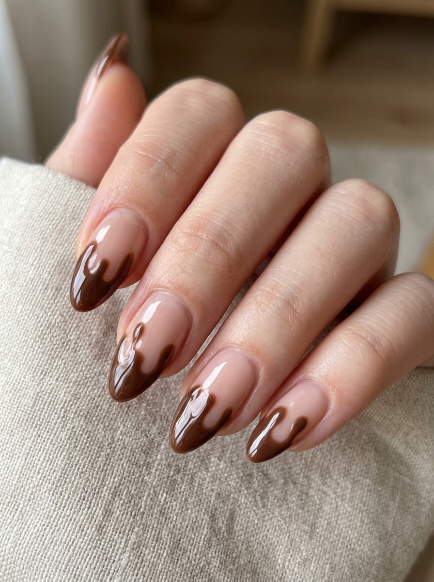 Glossy Melted Chocolate Drip French Tips - cozy brown nails mocha latte design