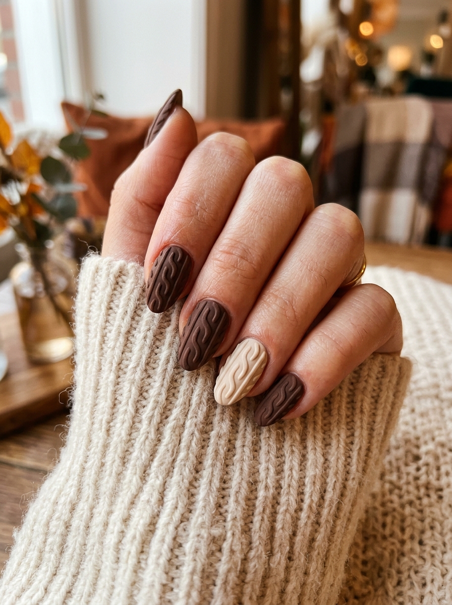 Mocha Argyle & 3D Cable-Knit Sweater Texture - cozy brown nails mocha latte design