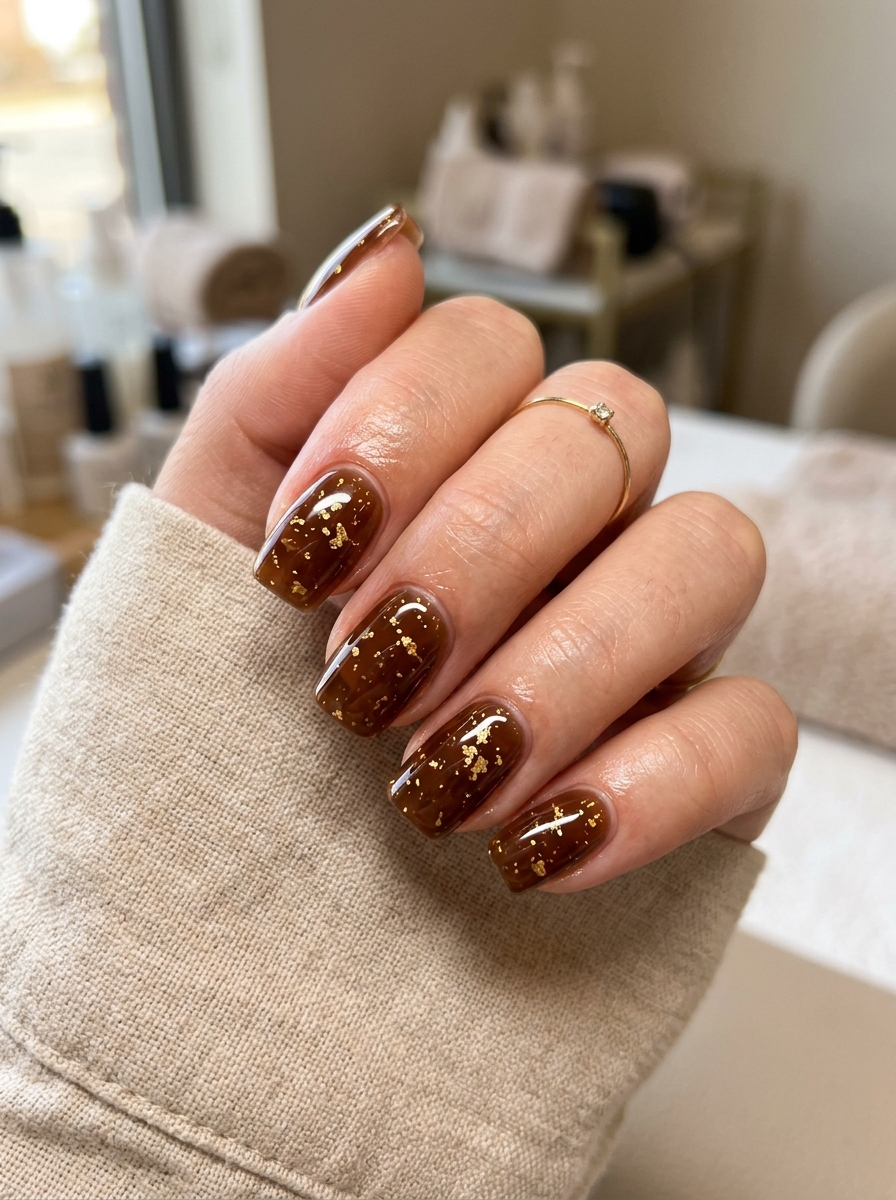 Translucent Chocolate Jelly with 24k Gold Flakes - cozy brown nails mocha latte design
