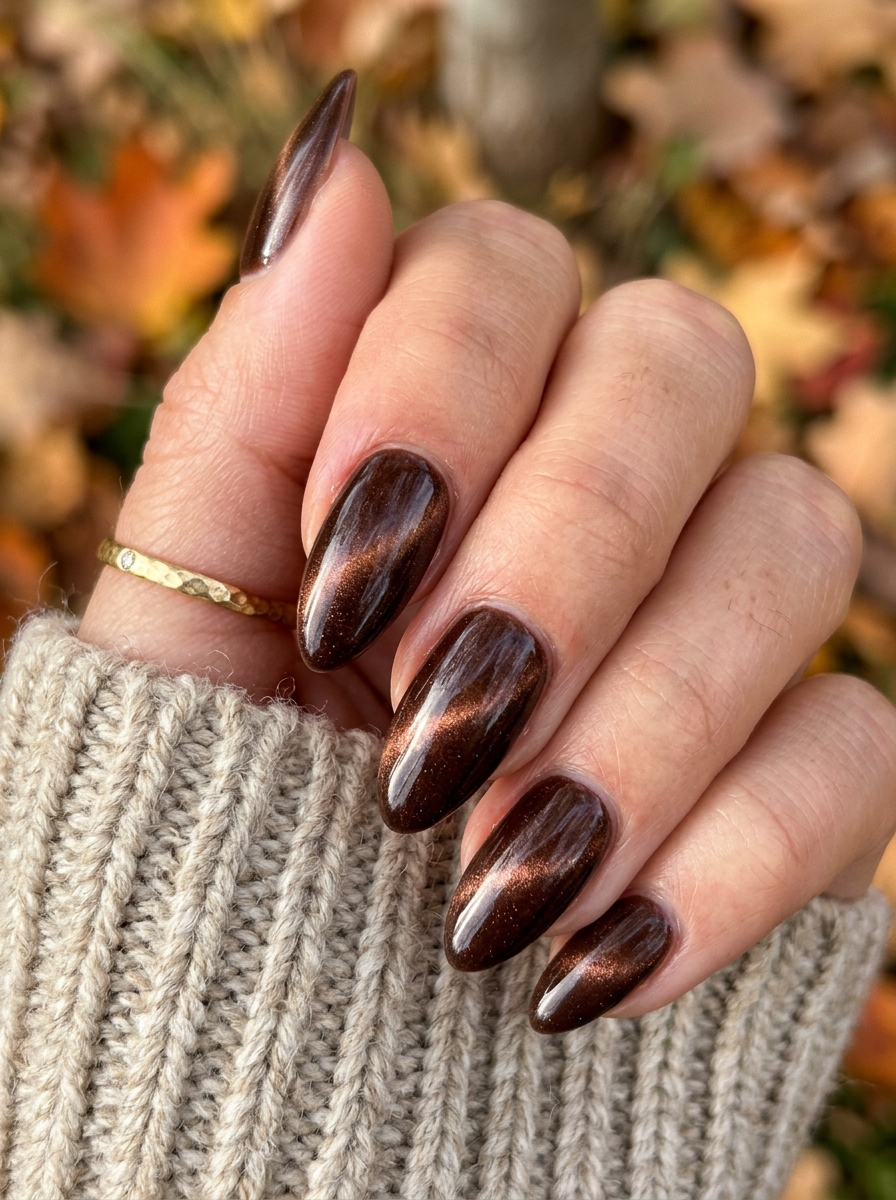Deep Fudge Brown Velvet Cat-Eye with Silk Shimmer - cozy brown nails mocha latte design