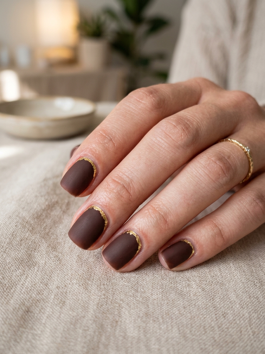 Swiss Cocoa Matte Square Nails with Gilded Cuticle Cuffs - cozy brown nails mocha latte design