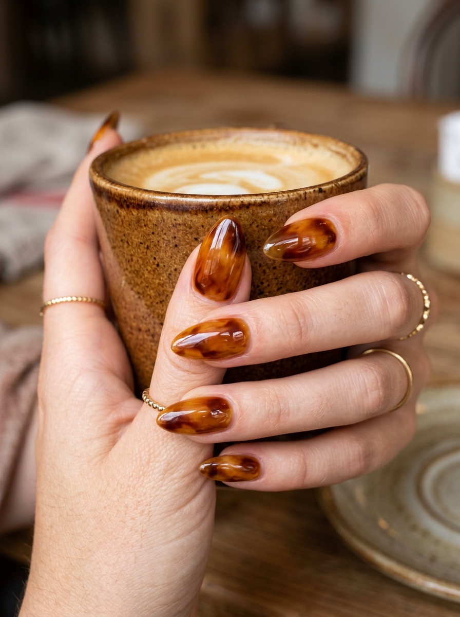 Salted Caramel & Honey Amber Tortoiseshell Accents - cozy brown nails mocha latte design