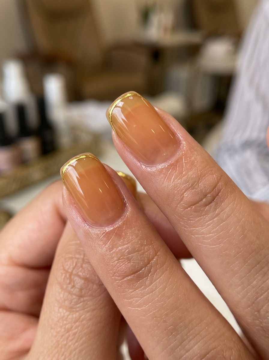 Melted Butterscotch Jelly with Slender Gold Wire Tips - cozy brown nails mocha latte design