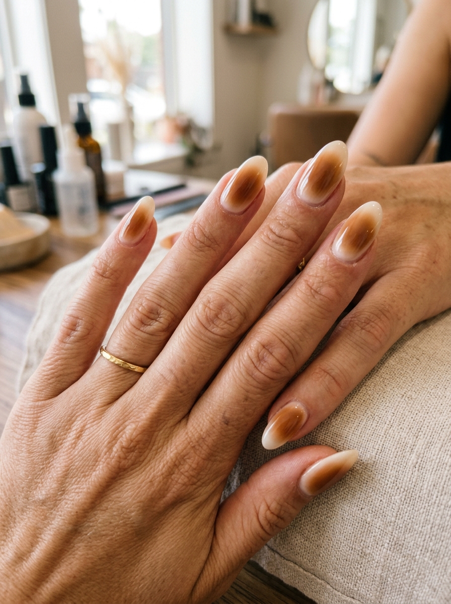 Toffee Swirl Aura Nails on Creamy Milk Base - cozy brown nails mocha latte design
