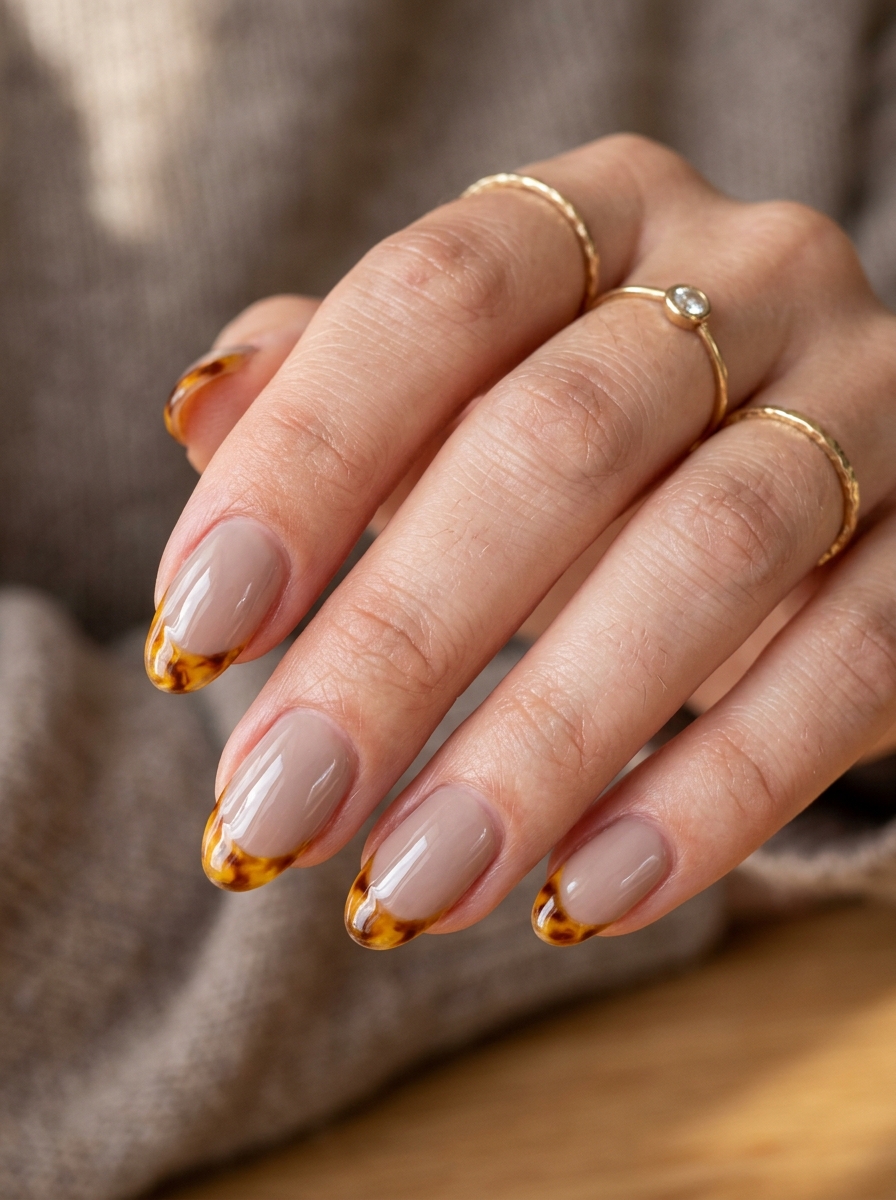 Golden Amber Tortoiseshell French on Sheer Taupe - cozy brown nails mocha latte design