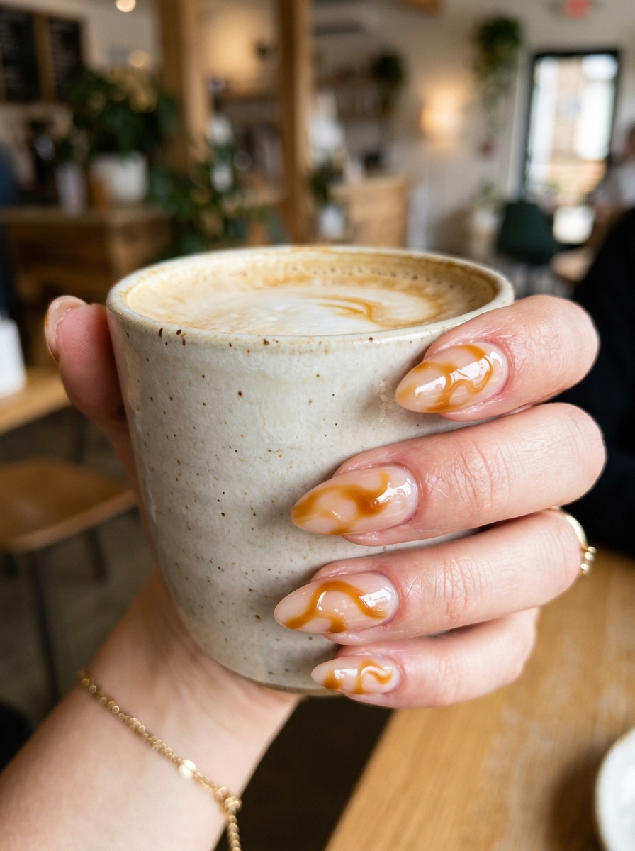 Caramel Drizzle Swirls on Translucent Bisque Almonds - cozy brown nails mocha latte design