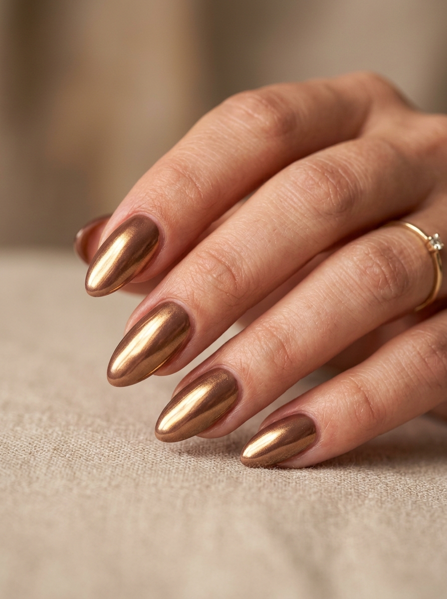 Glazed Praline Brown Chrome with Radiant Pearl - cozy brown nails mocha latte design