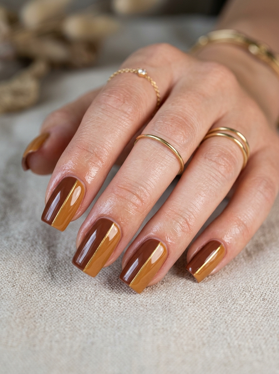Roasted Pecan & Honey Brown Diagonal Colorblock - cozy brown nails mocha latte design